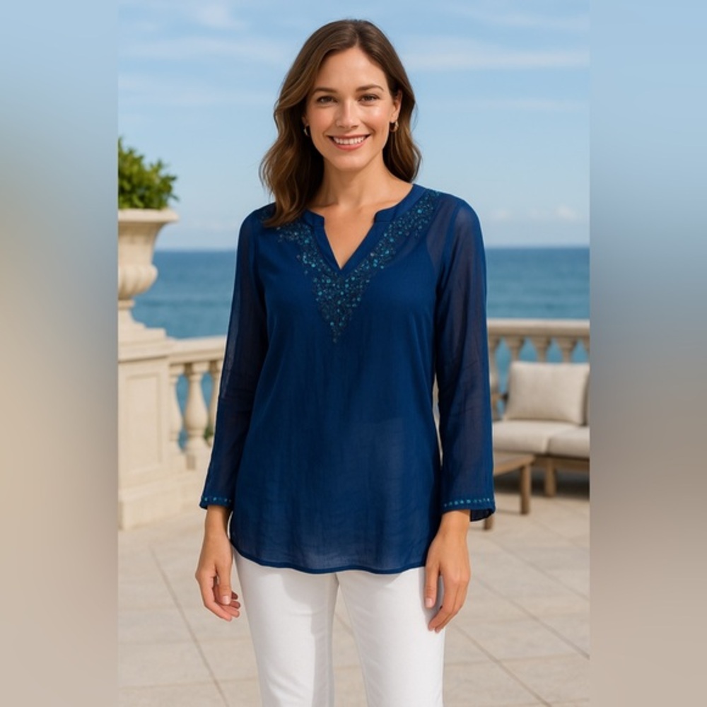 KC Chaudry Boho Sheer Blue Sequin Gauzy Long Sleeve Beaded Top NWT S #2101